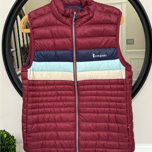 Cotopaxi Burgundy Quilted Vest with Navy, Light Blue & Cream Stripes